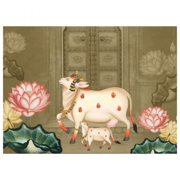 Lotus Doorway Graceful Cow Pichwai Wallpaper - Image 3