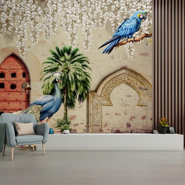 Royal Peacock Heritage Courtyard Mural Wallpaper - Image 2