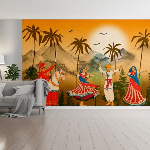 Sunrise Folk Dance Mountain Landscape Wallpaper - Image 2