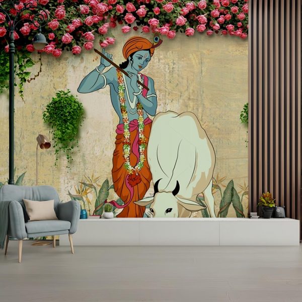 Krishna Divine Melody Garden Mural Wallpaper - Image 2