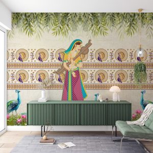 Rajasthani Lady Peacocks Lotus Harmony Wallpaper