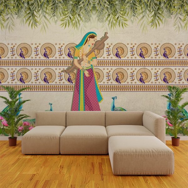 Rajasthani Lady Peacocks Lotus Harmony Wallpaper - Image 2