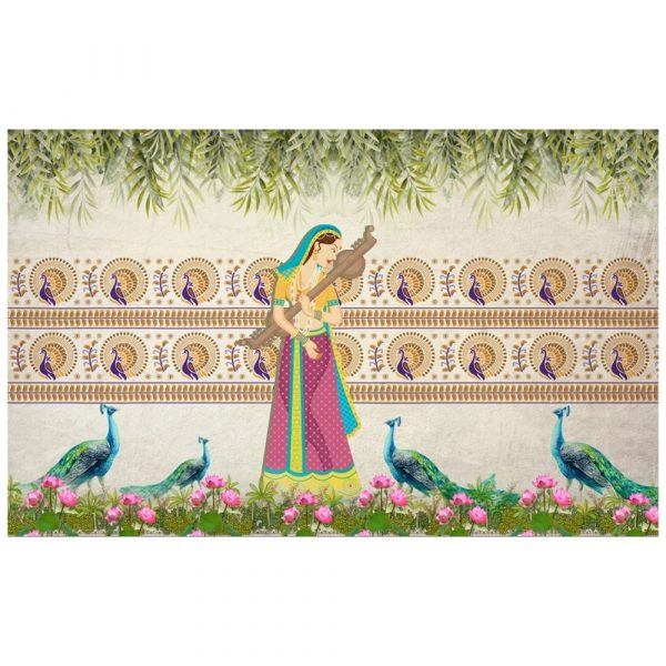 Rajasthani Lady Peacocks Lotus Harmony Wallpaper - Image 3