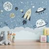 Rocket Adventure in Starry Space Kids Room Wallpaper