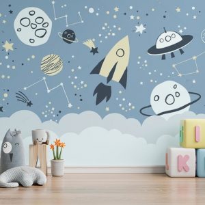 Rocket Adventure in Starry Space Kids Room Wallpaper