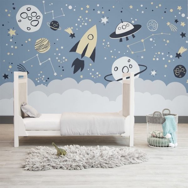 Rocket Adventure in Starry Space Kids Room Wallpaper - Image 2