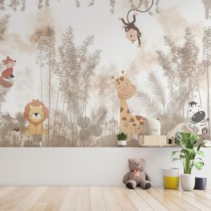 Jungle Friends in Misty Forest Kids Room Wallpaper