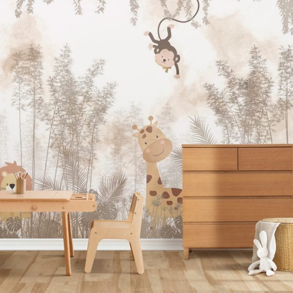 Jungle Friends in Misty Forest Kids Room Wallpaper - Image 2