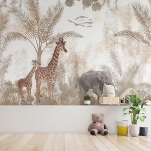 Safari Giants in Gentle Jungle Kids Room Wallpaper