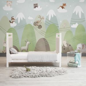 Playful Animals on Mountain Peaks Kids Room Wallpaper