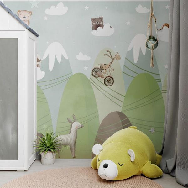 Playful Animals on Mountain Peaks Kids Room Wallpaper - Image 2