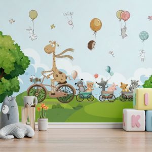 Giraffe Bicycle Animal Parade Fun Kids Room Wallpaper