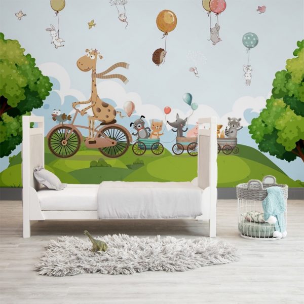 Giraffe Bicycle Animal Parade Fun Kids Room Wallpaper - Image 2
