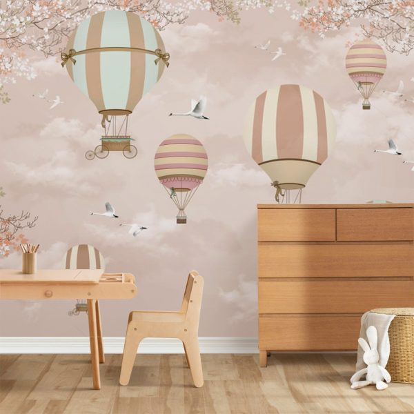 Pastel Balloon Journey with Swans Kids Room Wallpaper - Image 2