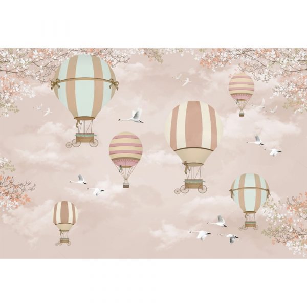Pastel Balloon Journey with Swans Kids Room Wallpaper - Image 3