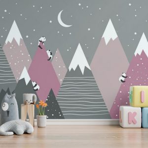 Panda Climbers on Dreamy Mountains Wallpaper