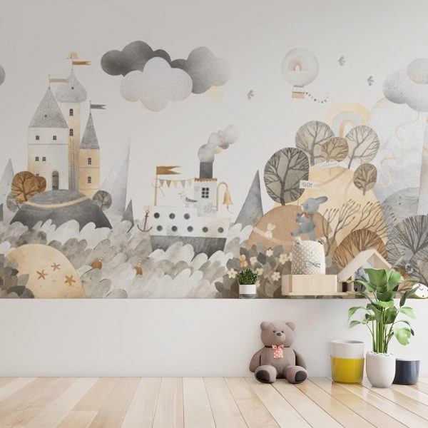 Whimsical Castle and Steamboat Hills Wallpaper for Kids