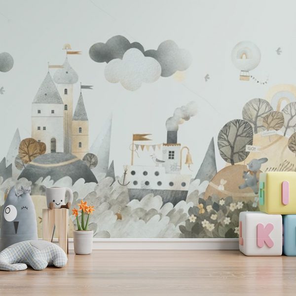 Whimsical Castle and Steamboat Hills Wallpaper for Kids - Image 2