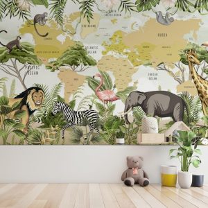 Safari Animals World Map Adventure Kids Room Wallpaper