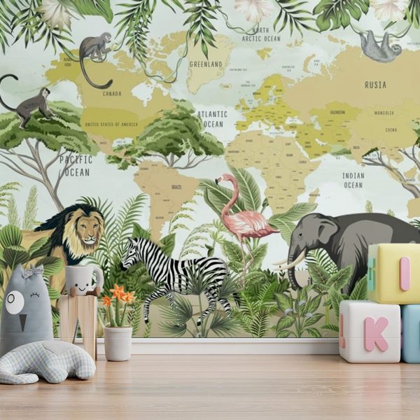 Safari Animals World Map Adventure Kids Room Wallpaper - Image 2