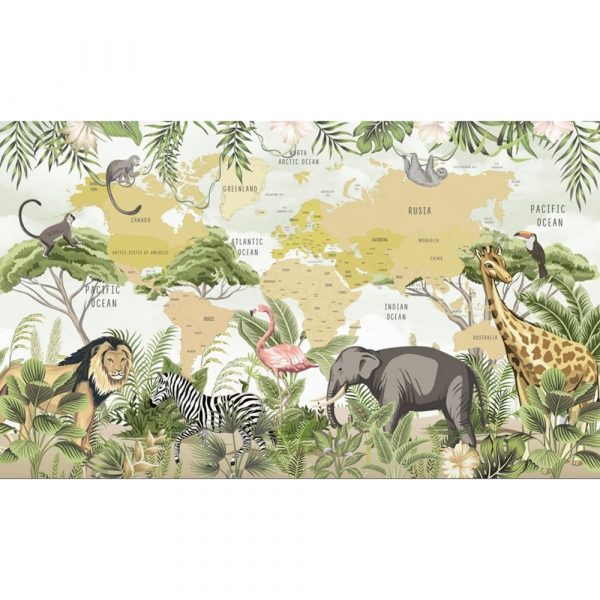 Safari Animals World Map Adventure Kids Room Wallpaper - Image 3