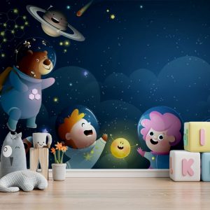 Cosmic Friends in Starry Space Kids Room Wallpaper