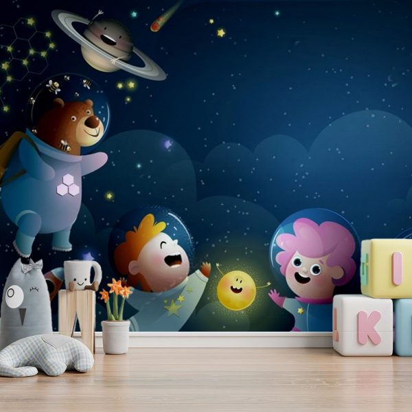 Cosmic Friends in Starry Space Kids Room Wallpaper
