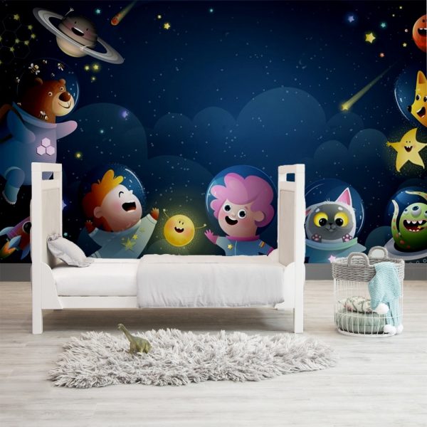 Cosmic Friends in Starry Space Kids Room Wallpaper - Image 2
