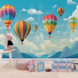 Rainbow Balloons Above Blue Mountains Kids Room Wallpaper