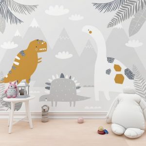 Playful Dinosaurs in Prehistoric Valley Kids Room Wallpaper