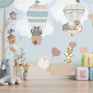 Forest Friends Balloon Heart Parade Kids Room Wallpaper