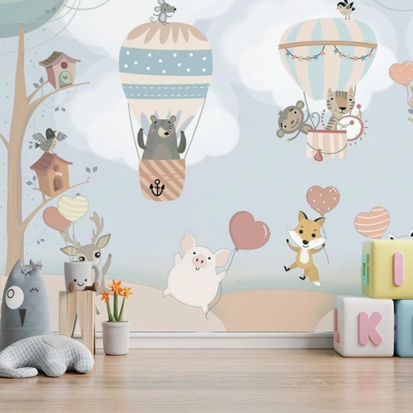 Forest Friends Balloon Heart Parade Kids Room Wallpaper
