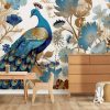 Majestic Blue Peacock Floral Wonderland Kids Wallpaper