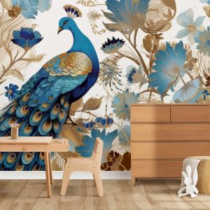 Majestic Blue Peacock Floral Wonderland Kids Wallpaper