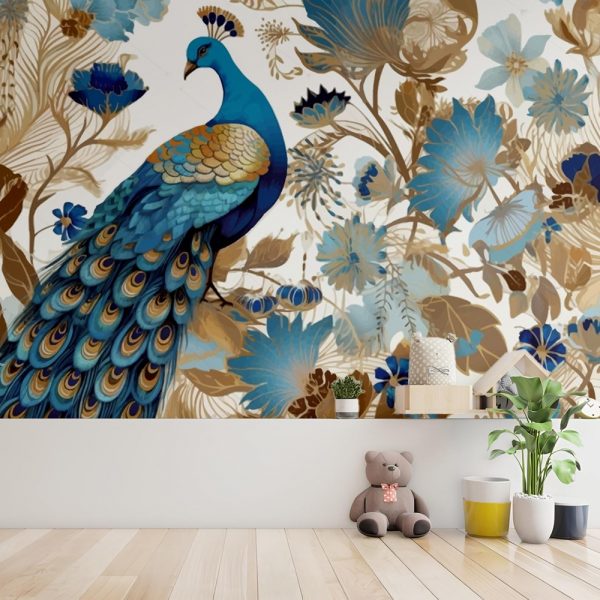 Majestic Blue Peacock Floral Wonderland Kids Wallpaper - Image 2