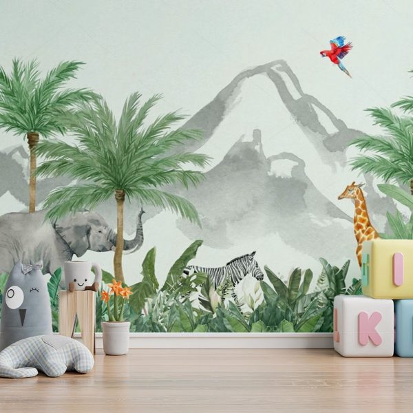 Watercolor Safari Animals Mountain Scene Wallpaper - Image 2