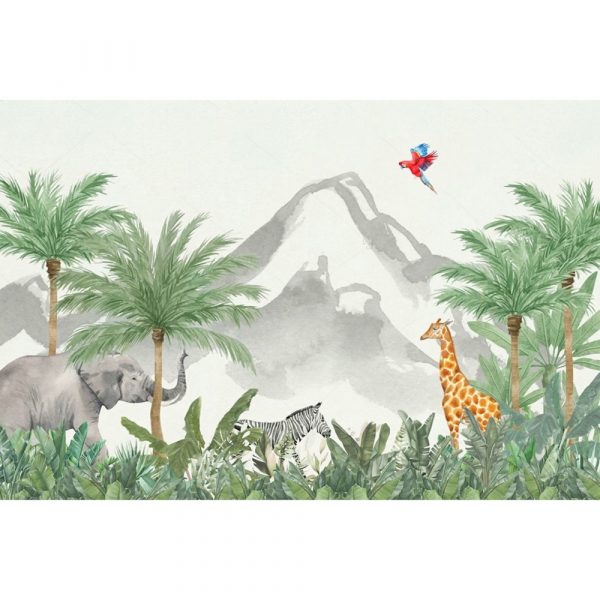 Watercolor Safari Animals Mountain Scene Wallpaper - Image 3
