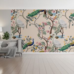 Elegant Crane and Peacock Garden Wallpaper