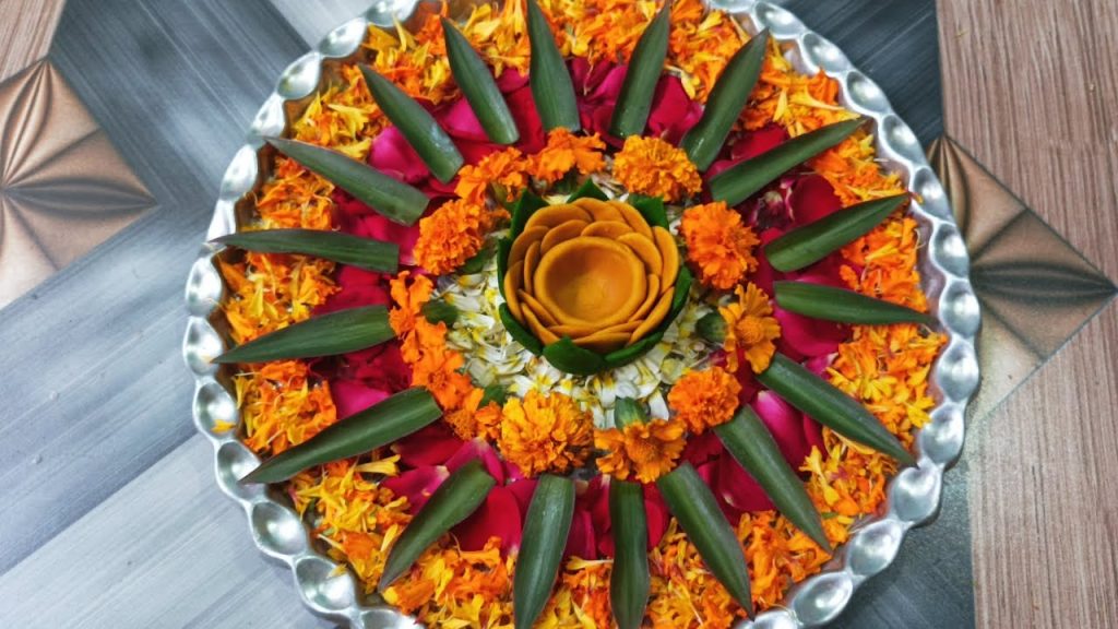 Pooja Thali decoration with flowers