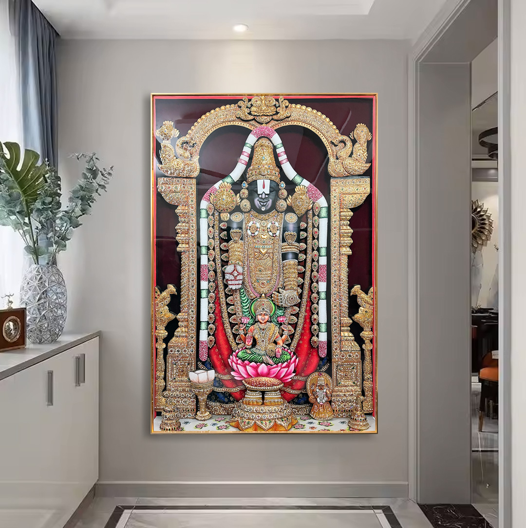 Lord Venkateswara with Laxmi Ji Crystal Glass Painting - Image 2