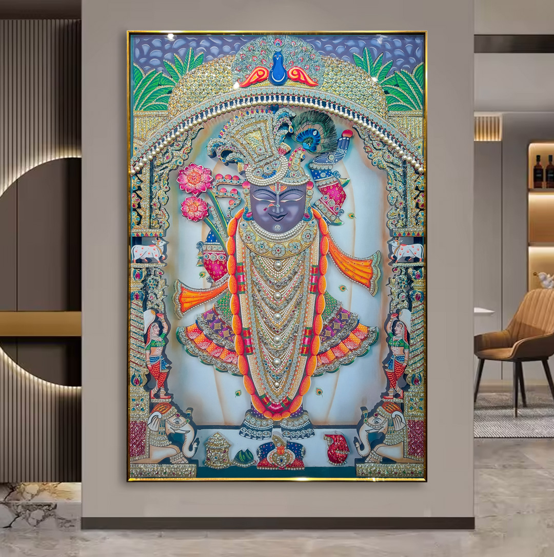 Lotus Radiance Shreenathji Crystal Painting with Pearls