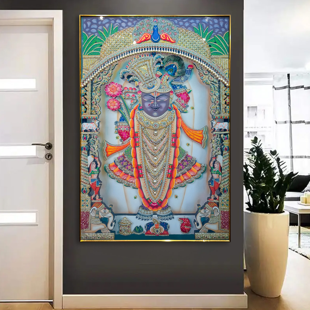 Lotus Radiance Shreenathji Crystal Painting with Pearls - Image 2