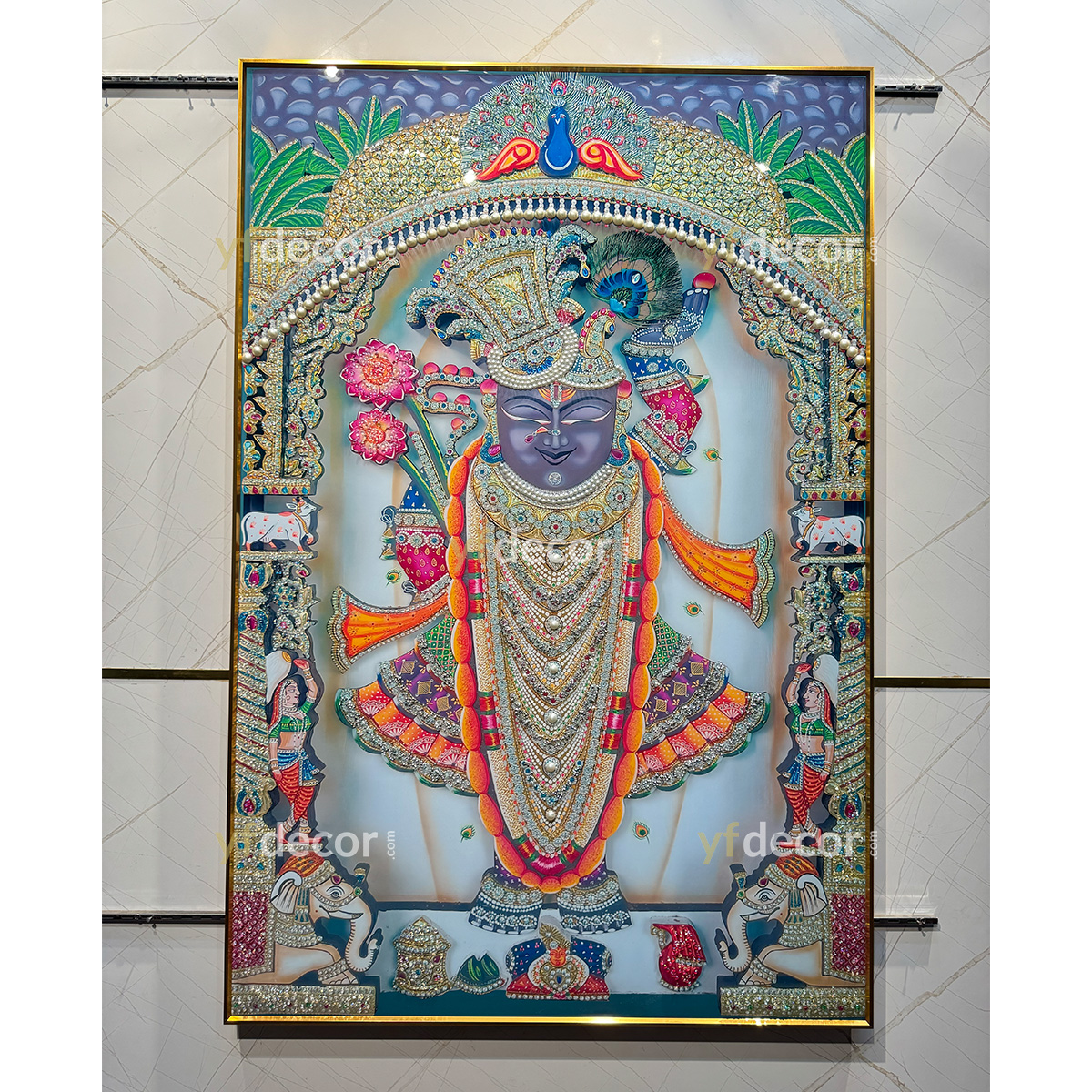 Lotus Radiance Shreenathji Crystal Painting with Pearls - Image 3