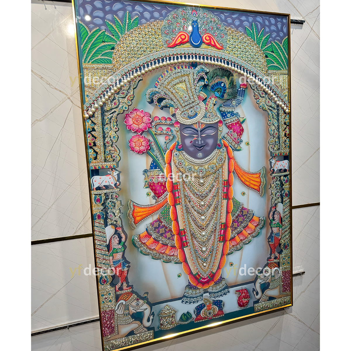 Lotus Radiance Shreenathji Crystal Painting with Pearls - Image 4