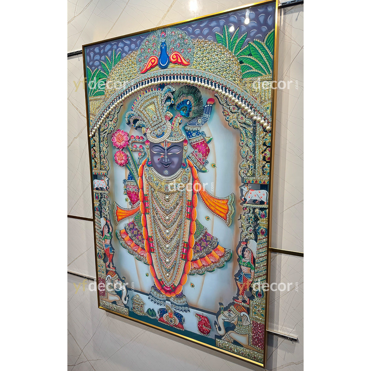 Lotus Radiance Shreenathji Crystal Painting with Pearls - Image 5