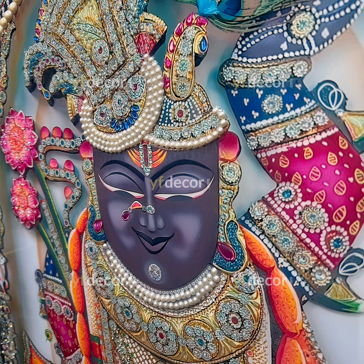 Lotus Radiance Shreenathji Crystal Painting with Pearls - Image 7