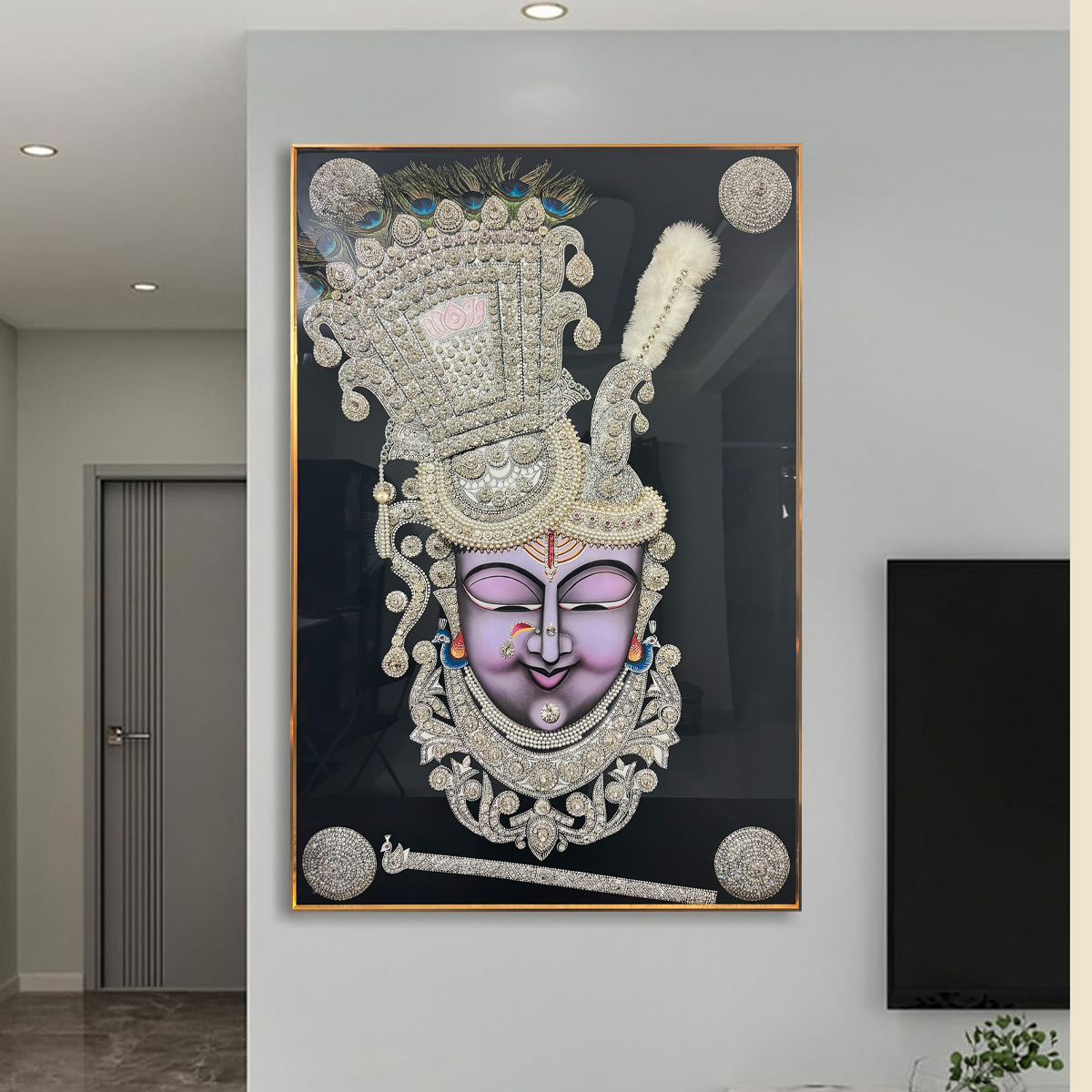 Divine Shreenathji with Pearls Crystal Glass Painting - Image 2