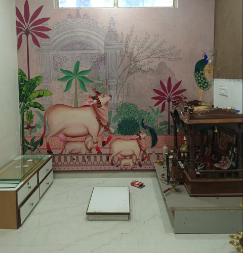 Pastel Palace Cows Peacocks Pichwai Wallpaper photo review