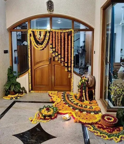home entrance with flowers for diwali