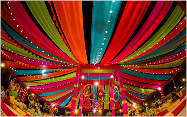 Navratri decoration with drapes and lights